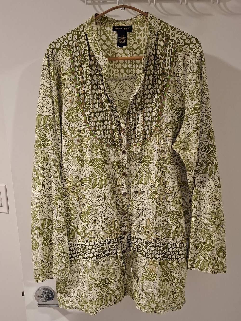 Boho Green & White Batik 100% Cotton Sequin Detail Collarless Tunic (Size L)